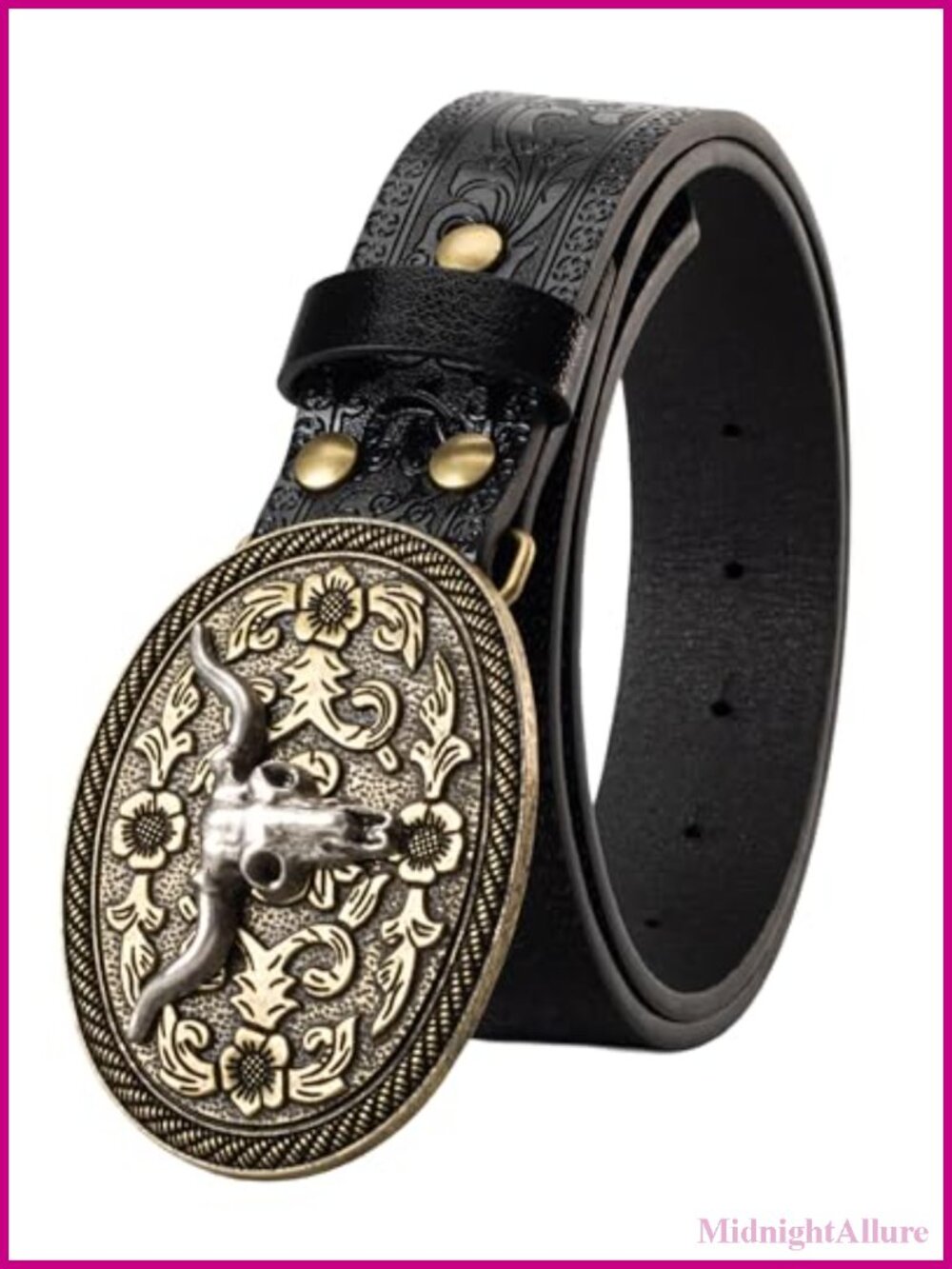 PU Leather Western Belt Engraved Floral Bull Buckle Adjustable